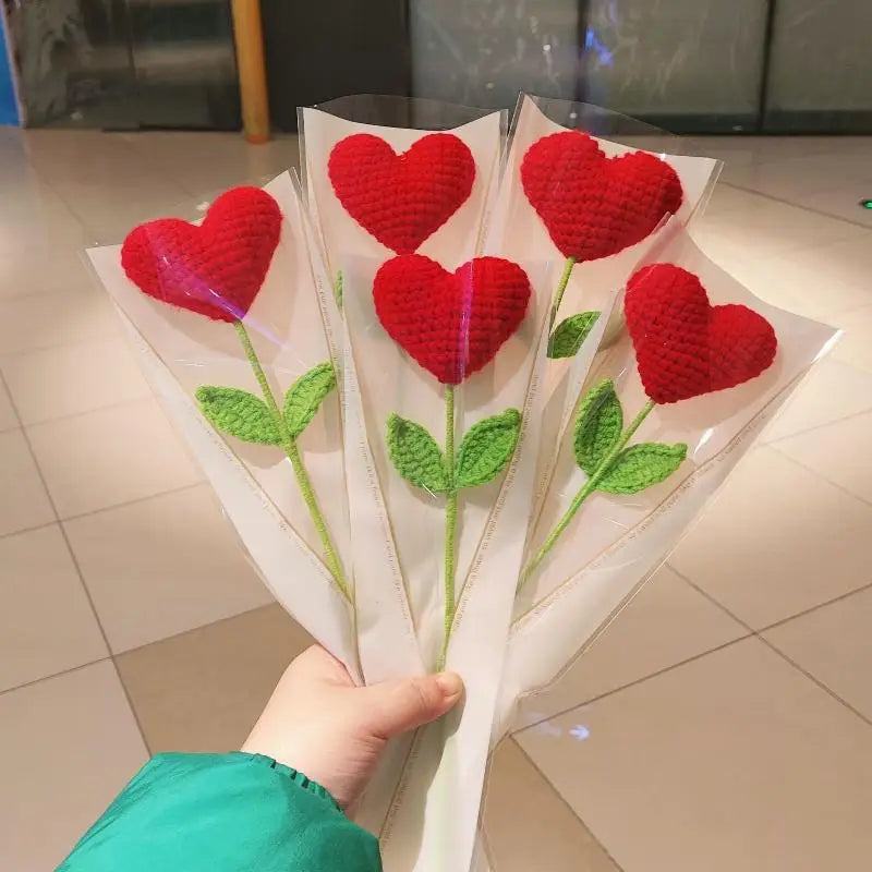 Handmade Crochet Heart Bouquet Yarn Love Flowers Green Stems Romantic Qme