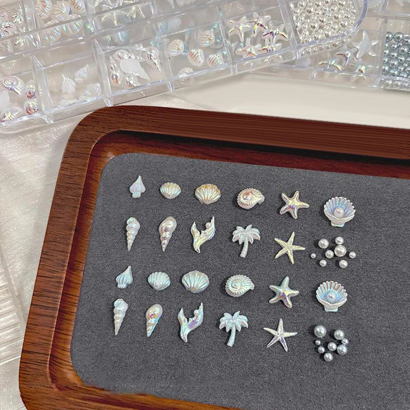 12 Grids Box Blue White Nail Charm Shell Starfish Mermaid Tail 3d Art Qme