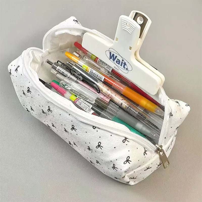 Simple Bow Pencil Case Student Fashion Sweet Pouch Portable Large Qme