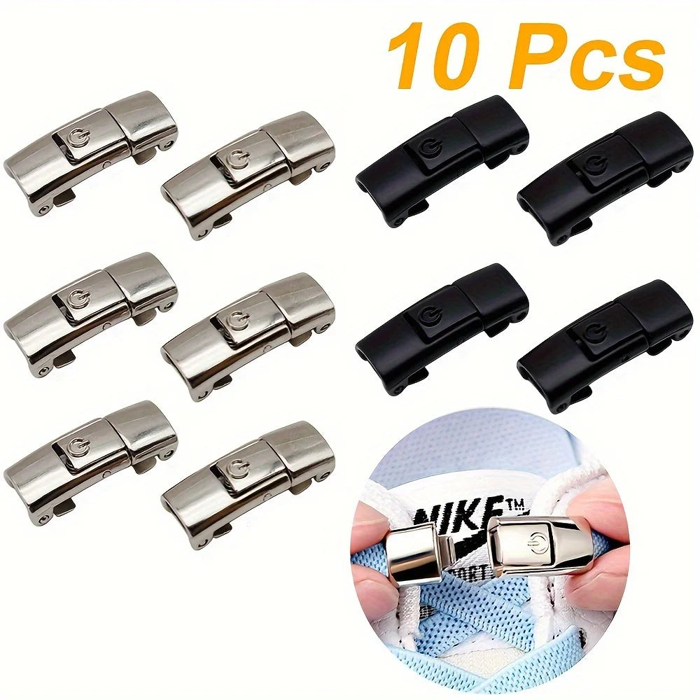 Shoe Lace Buckle Lock Metal Quick and Easy Shoelace Without Lace Buckle Switch Logo Suitable for Children and Adults Shoe Laces Qme Black Silvery 5pairs