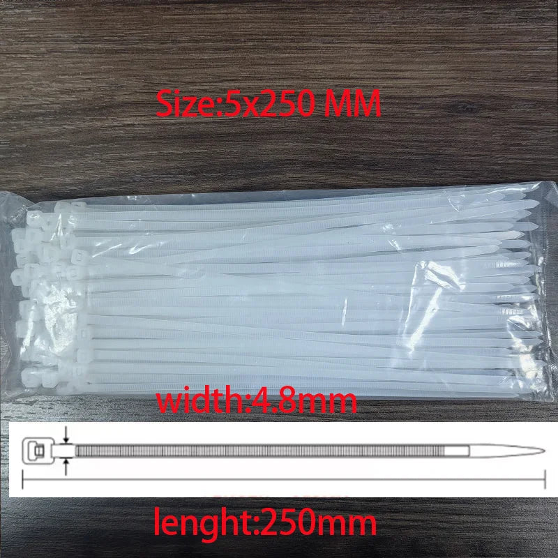 National Standard White PA66 Nylon Cable Ties 3x100 3x150 4x200 5x250mm Self Lock Wire Fastening Zip Tie Qme size-5x250mm 100PCS