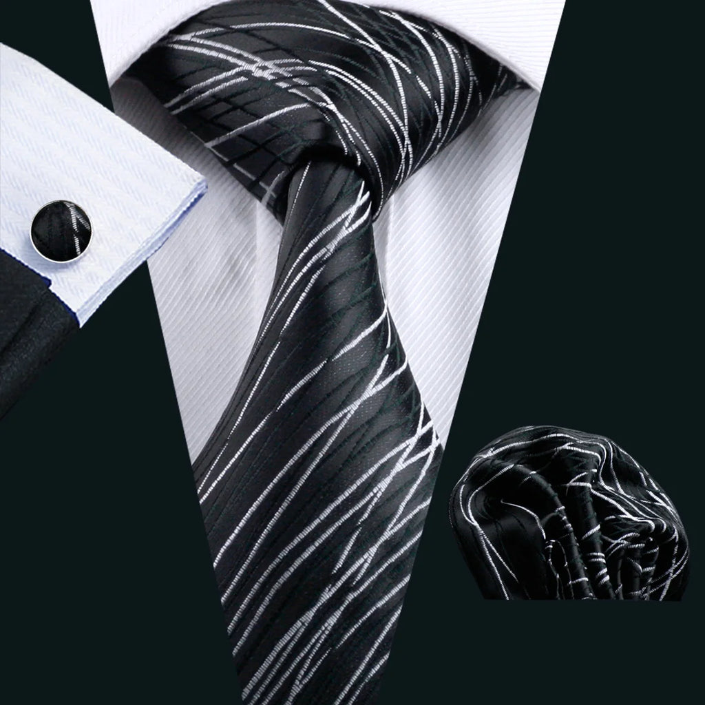 Black Geometric Tie Tie For Men Wedding Tie Party Necktie Handkerchief Cravat Barry.Wang Fashion Designer Tie Set LS-5225 Qme 1171