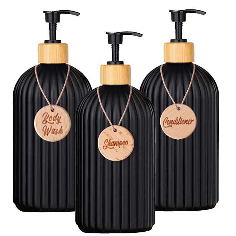 Strip Soap Dispenser with Bamboo Pump Refillable Shampoo Conditioner Hands and Dishes Soap Dispenser Bottle for Kitchen Bathroom Qme 3pcs black