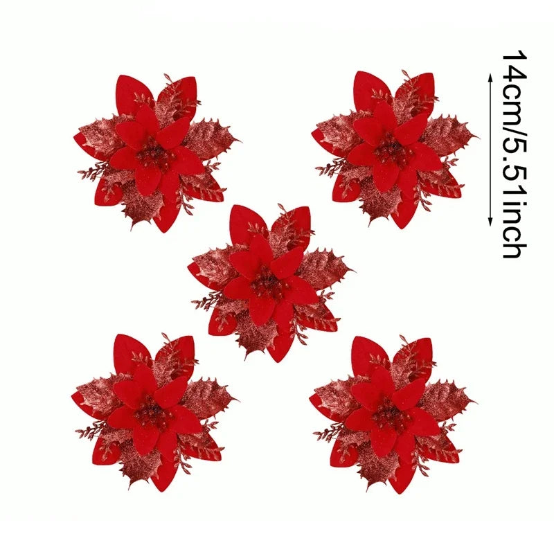 Glitter Christmas Flowers Xmas Tree Ornaments Christmas Decorations for Home 2025 Navidad Noel Natal Gifts New Year 2026 Qme Red 5PCS