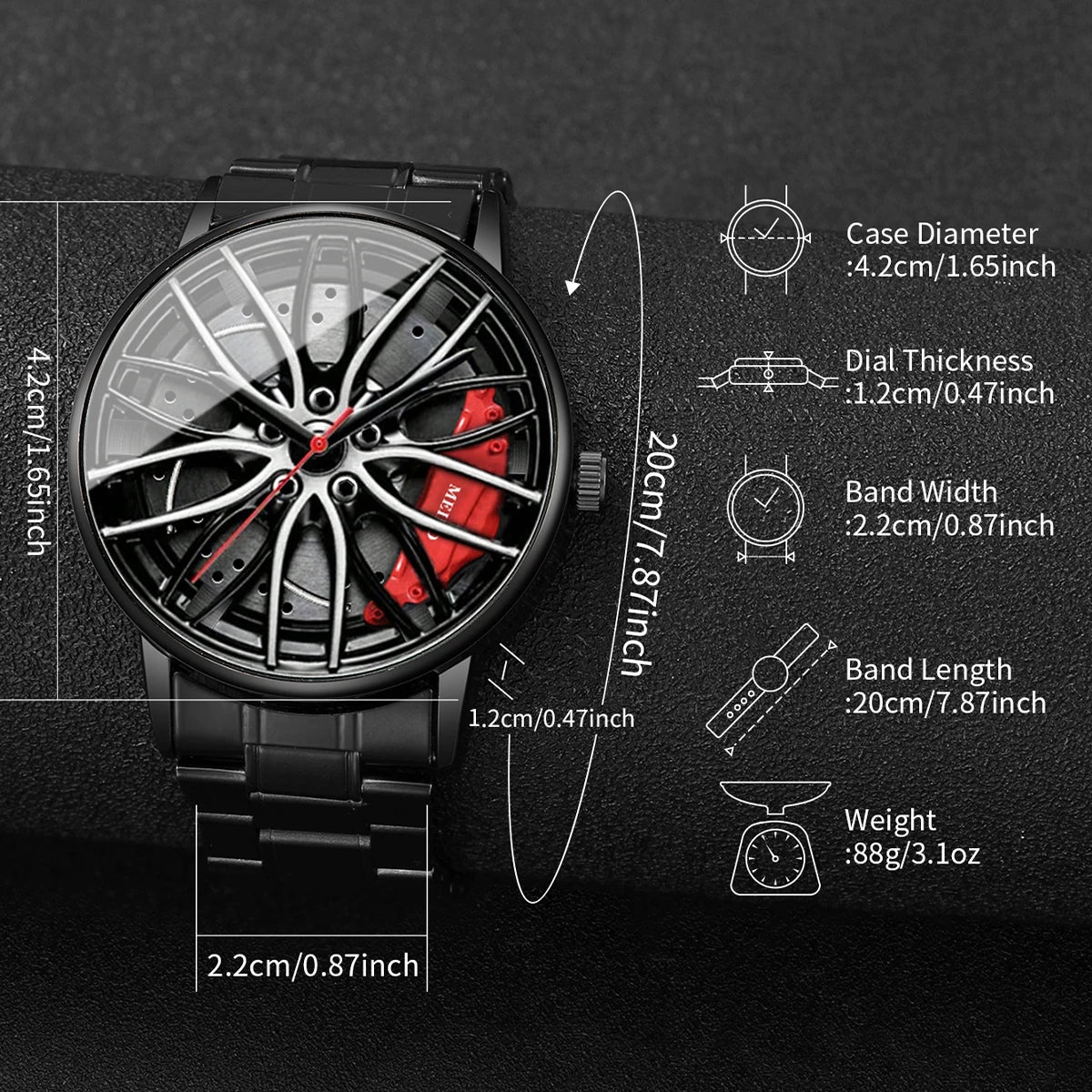 4PCS/Set Fashion 3D Car Wheel Dial Men Sports Watch Luxury Steel Band Quartz Wristwatches Jewelry Set Reloj Hombre（Without Box） Qme