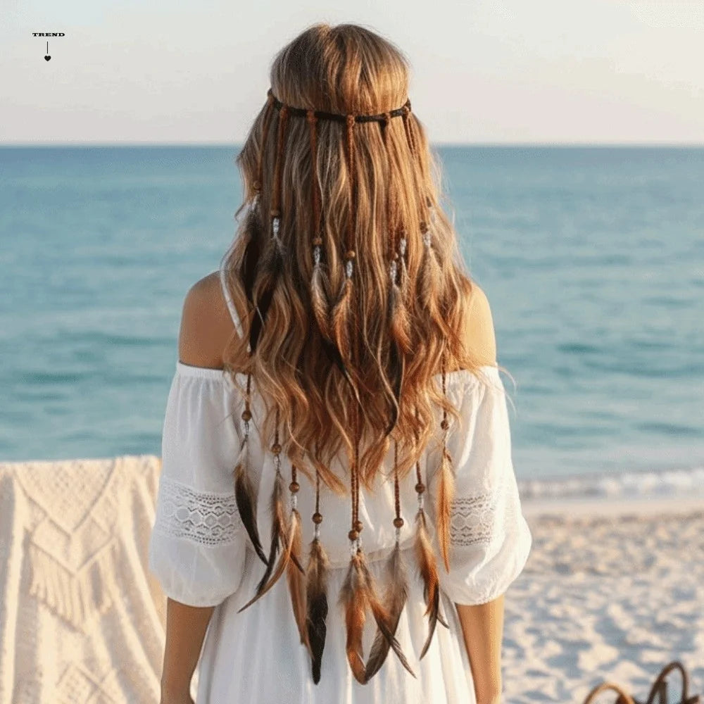 Synthetic Braided Cord Boho Feather Headpiece Vibrant Orange Plumage Adjustable Slide Bead Tribal Hair Extension Secure Fit Band Qme