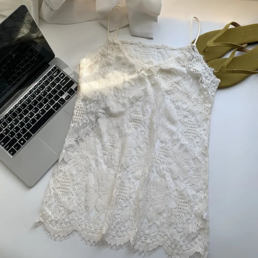 Elegant Beach Wear Lace Camisole Skirt Sweet Loose Lace-edged Summer Qme Apricot One Size