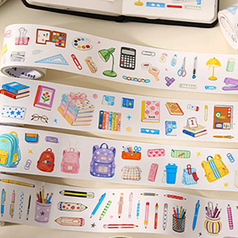 Watercolor Style Campus Stationery Washi Tape, Multi-Pattern Cartoon School Supplies for Themed Scrapbooking & Decoration Qme