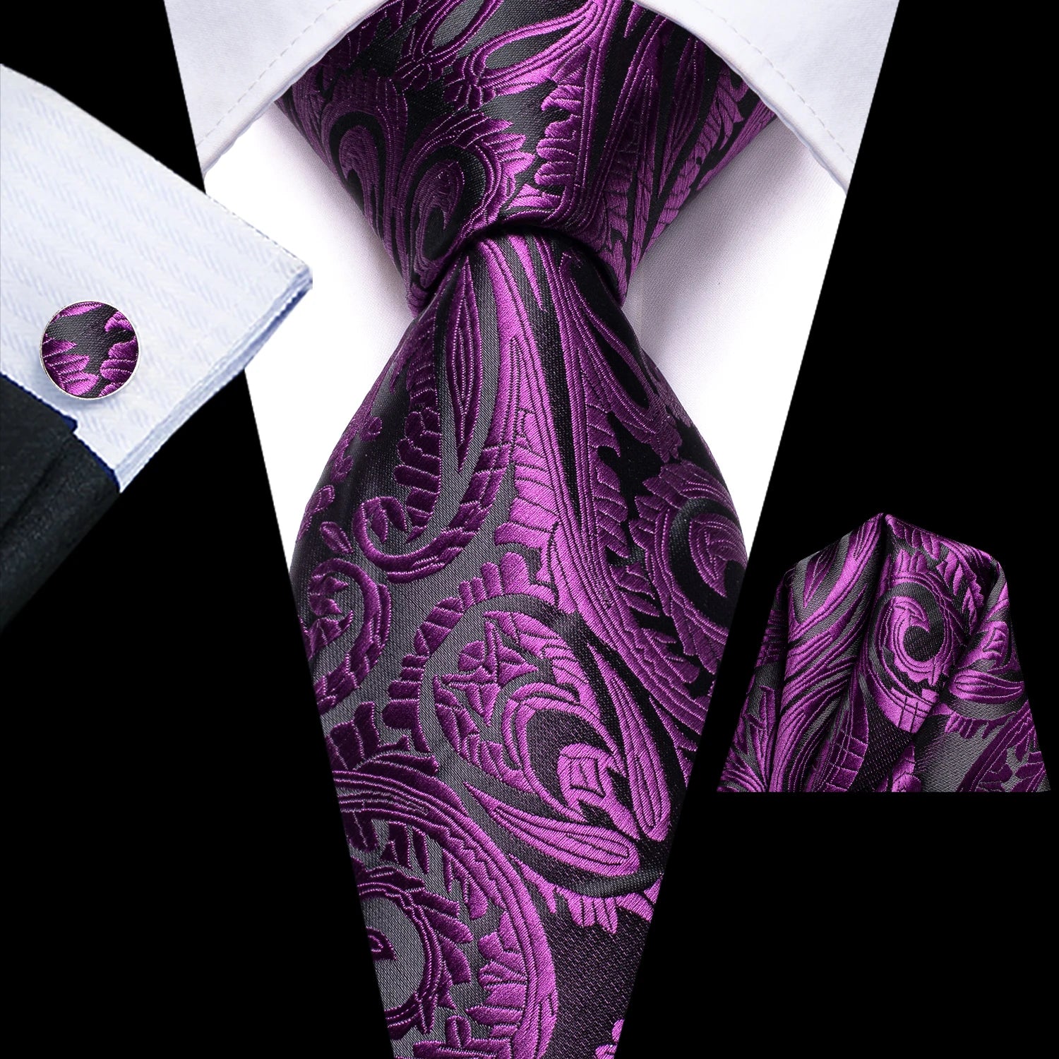 Hi-Tie 3pcs Mens Tie Purple Floral Stripes Solid Necktie Pocket Square Cufflinks Set Wedding Formal Casual Office Party Qme LDSN3461