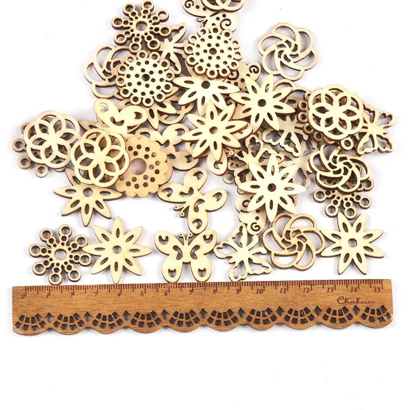 50pcs Hollow Flower Shape Natural Wooden Embellishment Scrapbook Accessories Handmade Crafts Ornament Home Decor 19-32mm c3626 Qme