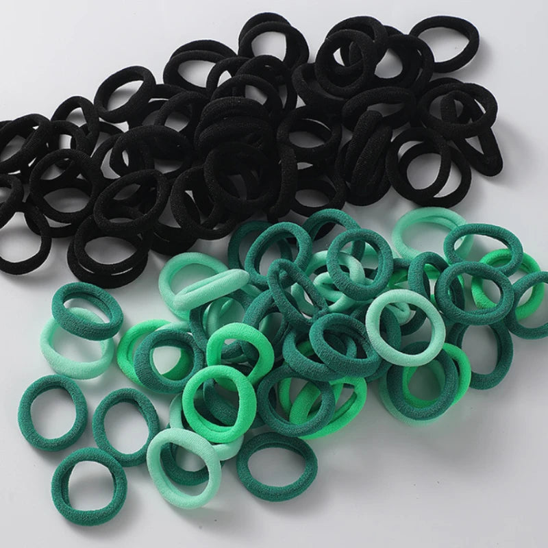 100pcs Colorful Nylon Elastic Hair Bands | Mixed Colors, Polyester Hair Ties for Ponytails, Small Hair Accessories, Qme green