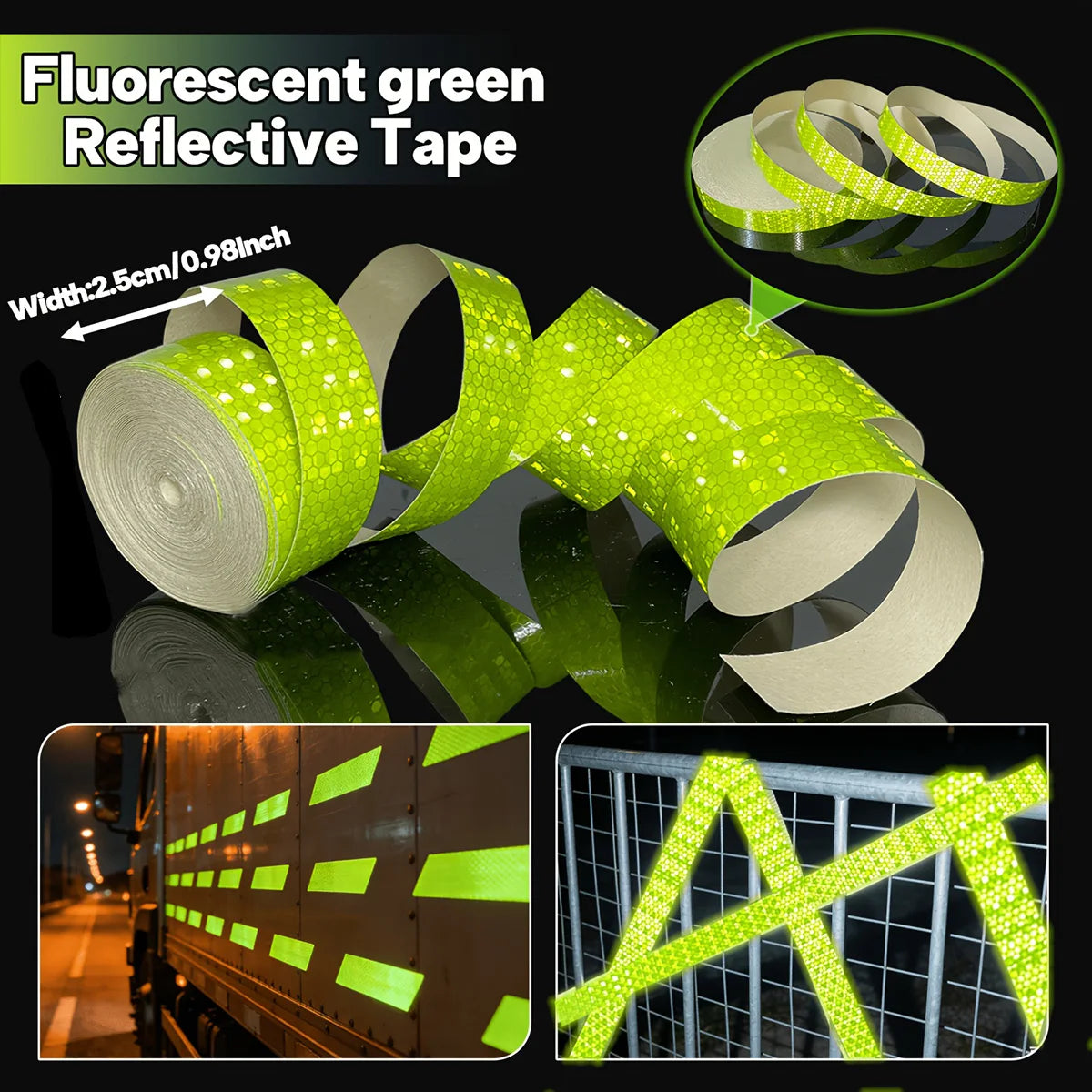 Reflective Car Stickers Outdoor Waterproof Warning Tapes White Red Fluorescent Yellow Reflectors Safety Strip Qme Fluorescent green 2.5cmX1M
