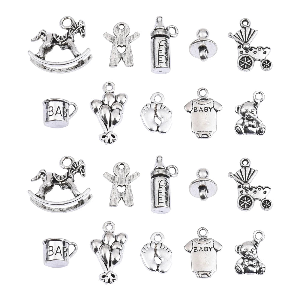 100pcs Baby Theme Charms Alloy Rocking Horse Baby Bottle Ginger Bread Man Toy Tibetan Baby Charms for Jewelry Making Bracelets Qme Default Title