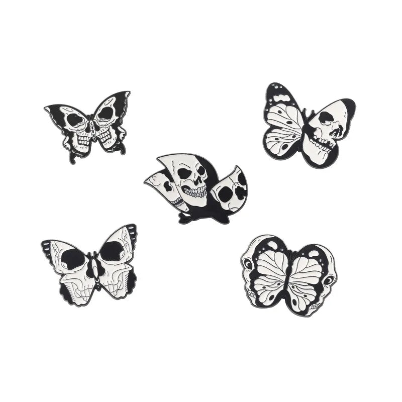 Skeleton Butterfly Enamel Pins Black Skull Gothic Punk Lapel Clothes Badges Brooches Backpack Hat Jewelry Gift for Kid Friends Qme Set