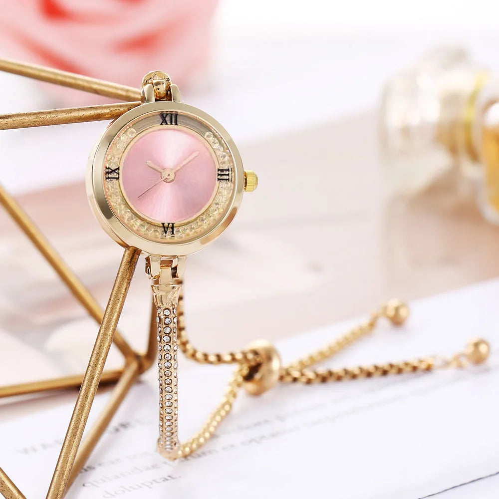 Relógio de pulseira de aço feminino, Quartz Watch, Luxo, Small Dial, Women Watches, Moda Qme pink