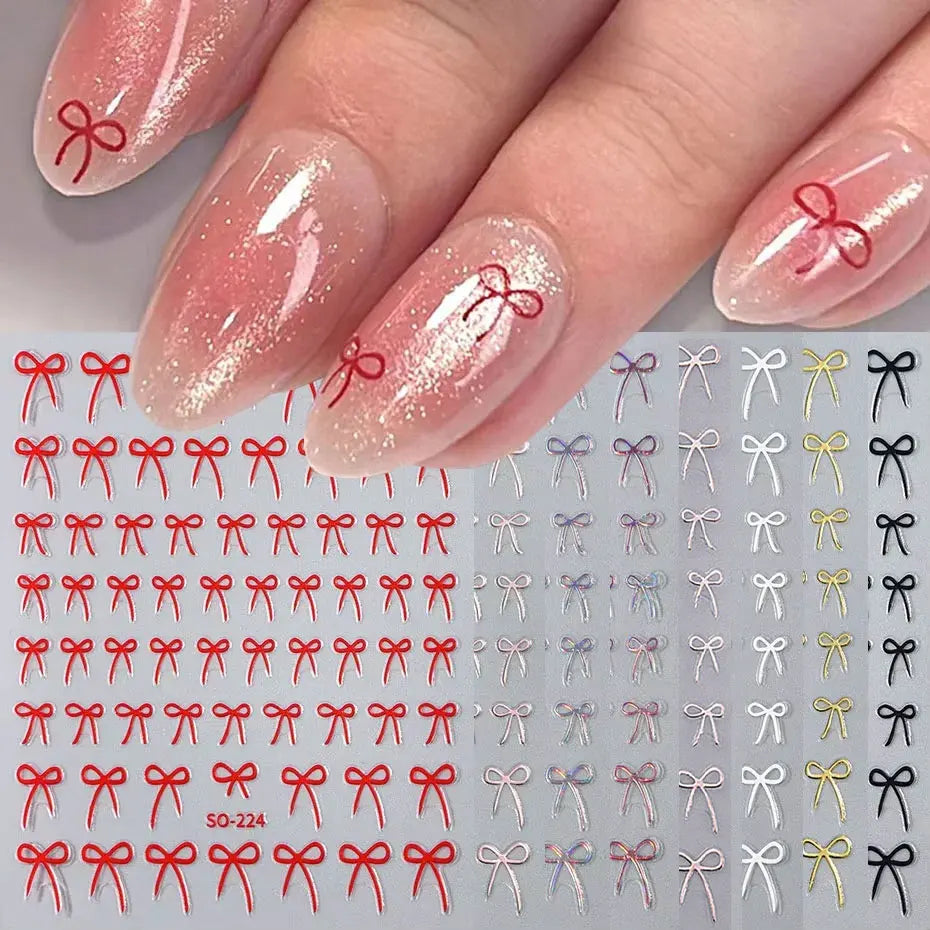 8pcs Mixed Color Bow Nail Art Stickers 3D Cute Red Black Pink Bowknot Nail Charms Foils Gold Laser Effect Bow Manicure Decor Qme