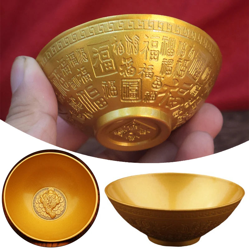 Blessing Bowl Golden Spiritual Decorative Fu Ornament Wealth Qme