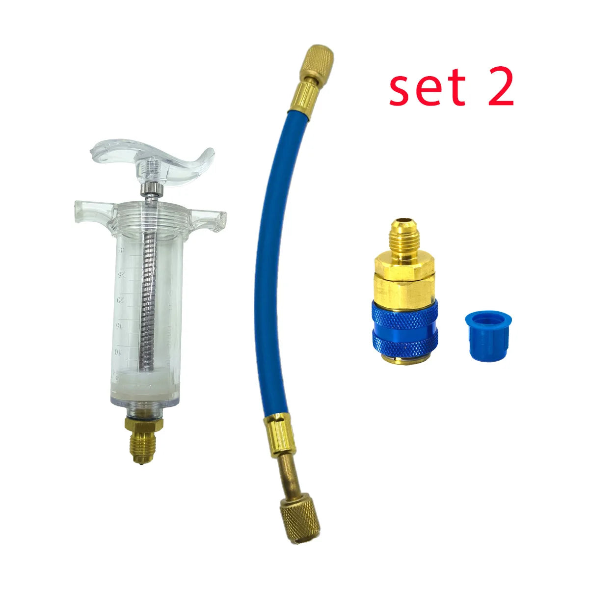 Car A/C Oil/Dye Injector 30Ml 1Oz with Low Side Quick Coupler Adapter 1/4 Air Conditioning Automotive Oiler Injection Syringe Qme SET 2