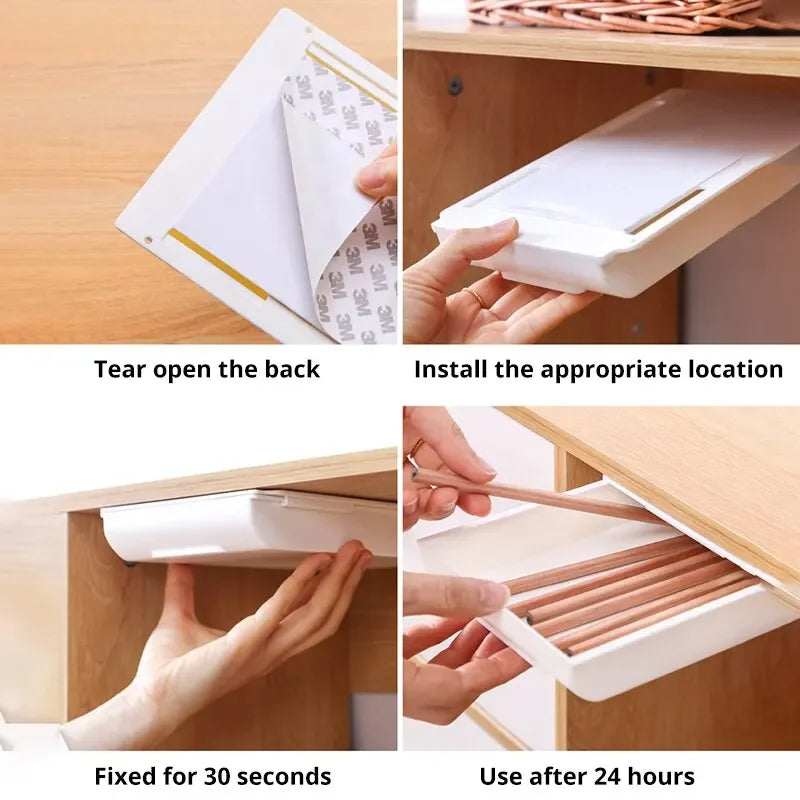 1PCS White SelfAdhesive Storage Drawer Box Makeup Pencil Tray Desk Hidden Under Stand Self-adhesive Under-drawer Storage Box New Qme