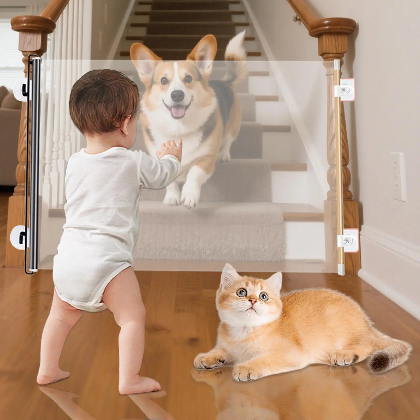 Retractable Pet Gate Adjustable Mesh Dog Expandable Folding Barrier Qme
