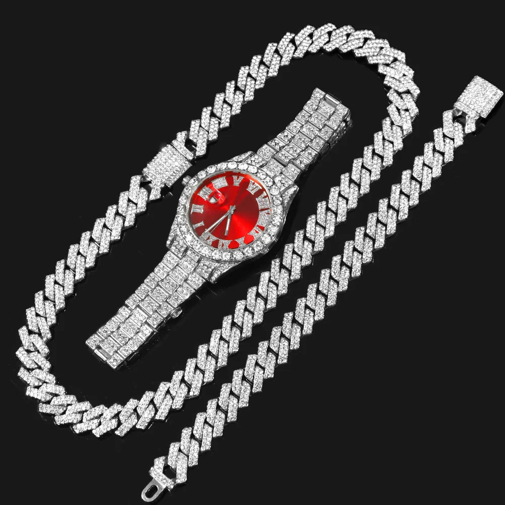 Fashion Rhinestone Wrist Watch & Hip Hop 14MM Prong Cuban Chain & Rapper Cuban Necklaces Set, Punk Party Gift Qme Bronze No