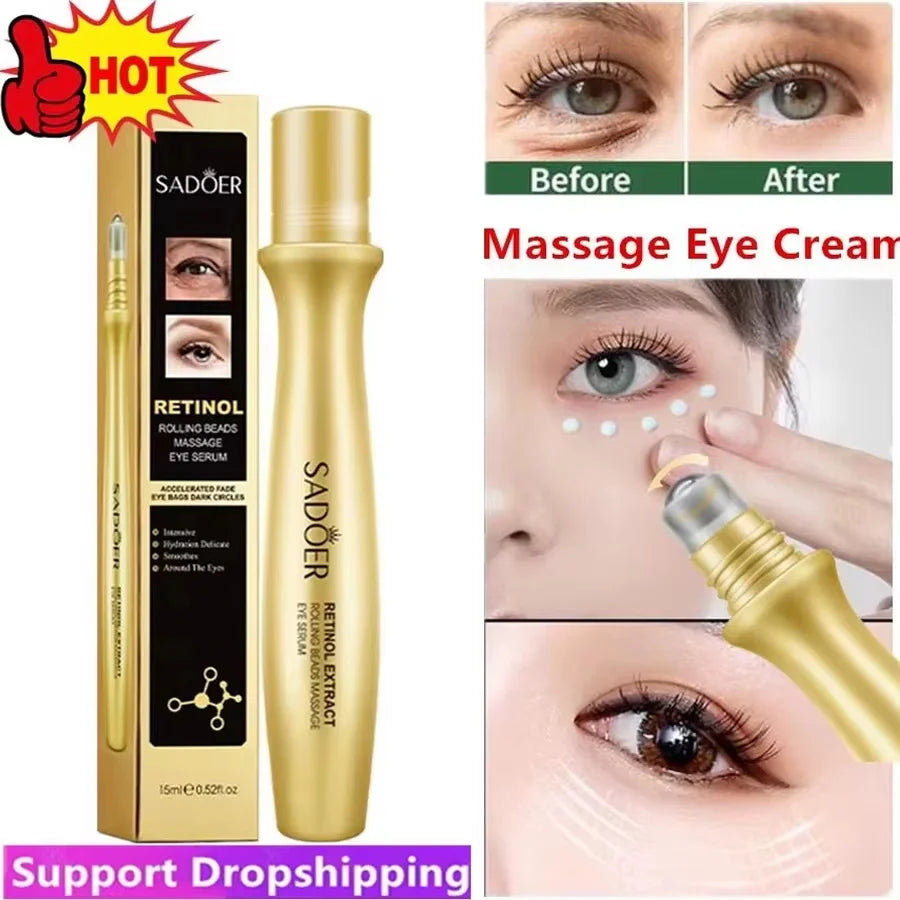 Instant Eye Bag Removal Rolling Beads Massage Serum Retinol Anti-Wrinkle Firm Skin Anti Dark Circle Puffiness Brighten Eye Care Qme