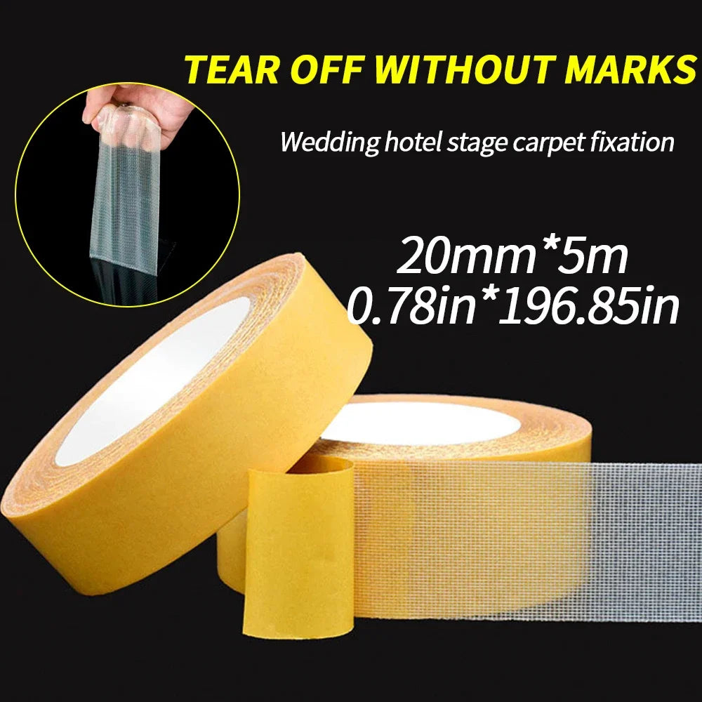 Strong Fixation Double Sided Cloth Base Tape Yellow Mesh Grid Waterproof Traceless High Viscosity Carpet Adhesive Household Tool Qme 20MMX5M