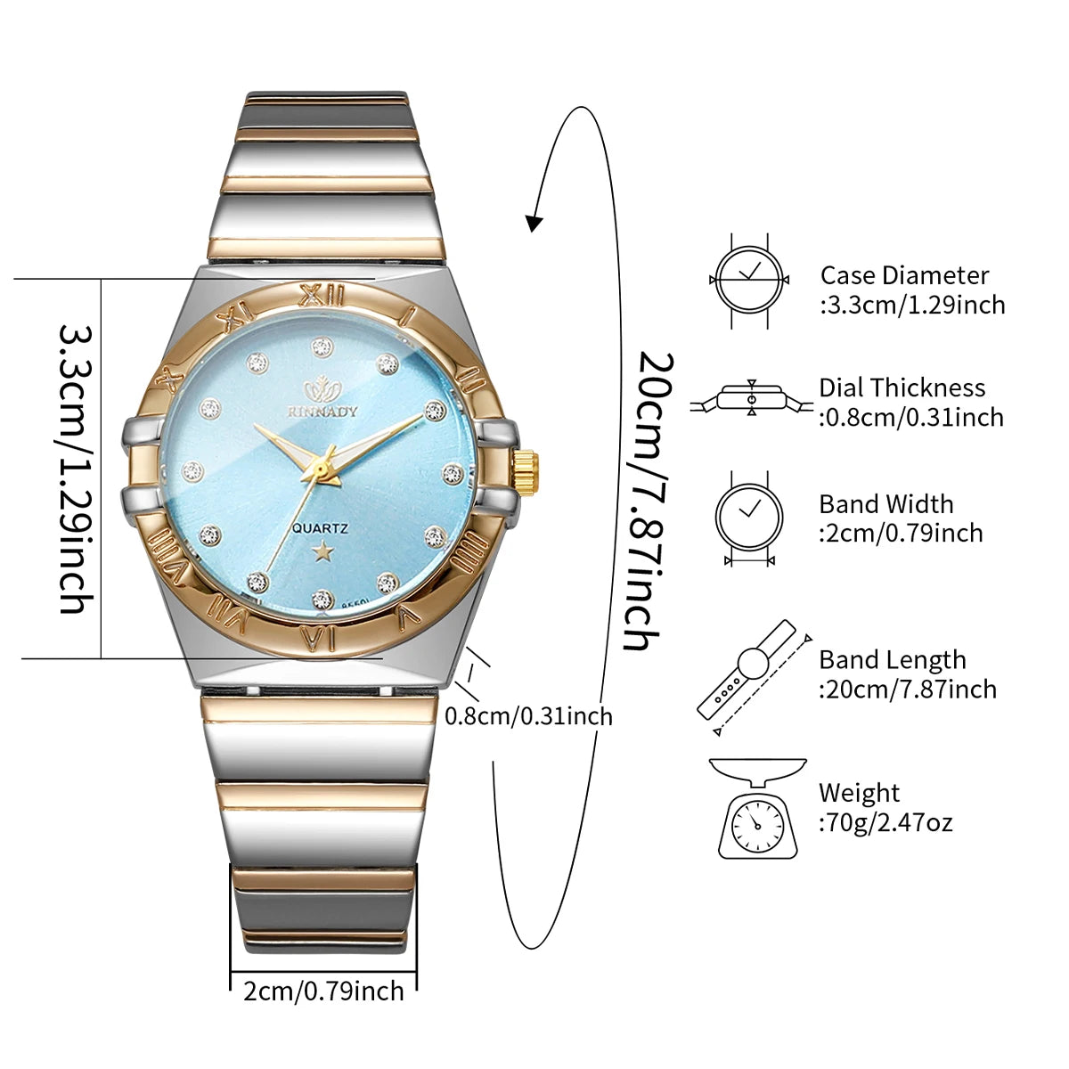 Elegant Women Two Tone Metal Band Quartz Watch Rhinestone Decor Light Blue Dial Casual Ladies Wrist Watch Gift Qme