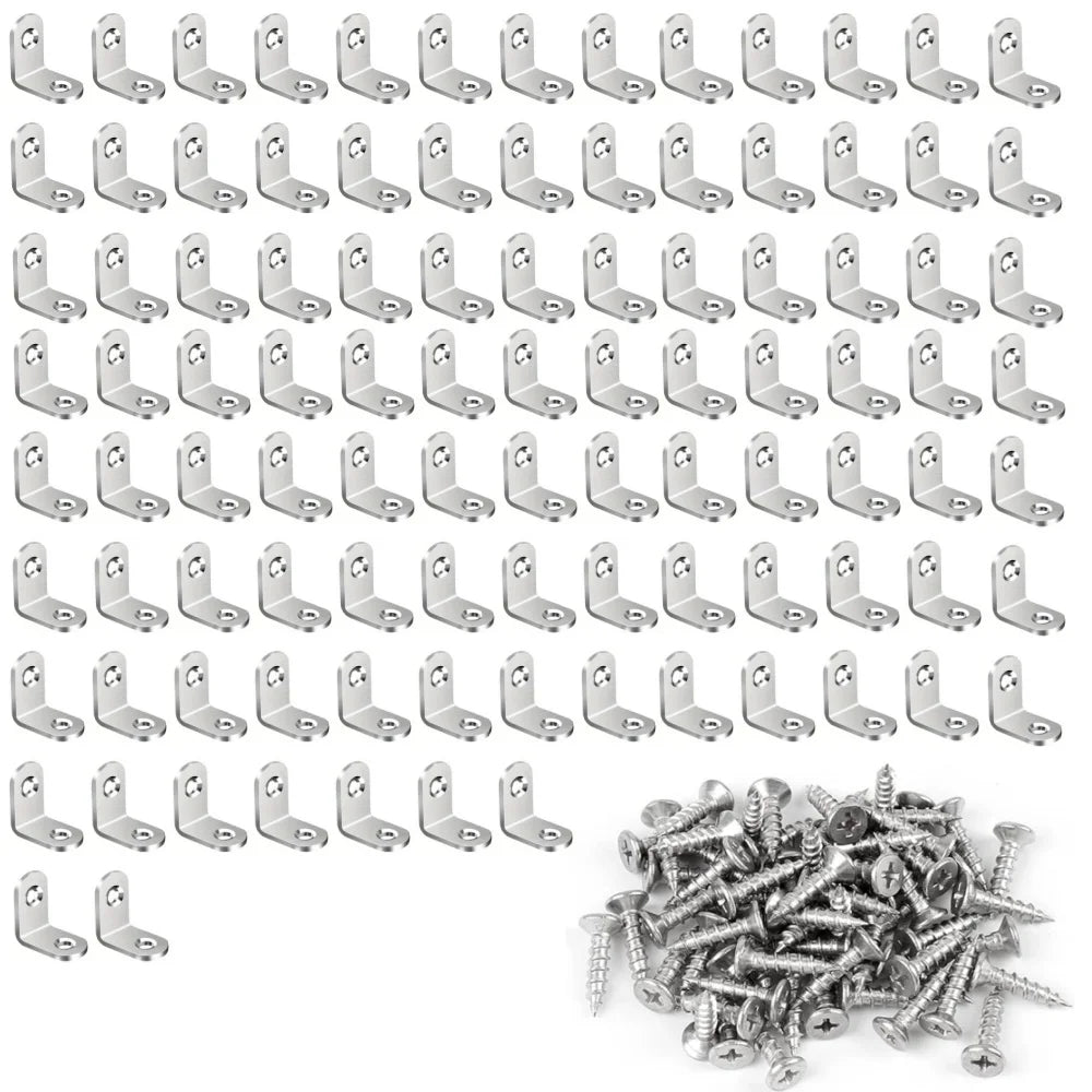 100-10PCS Stainless Steel L-shaped Corner Bracket 90 Degree Furniture Layer Board Fixed Connection Angle Bracket with Screws Qme Silver 100pcs