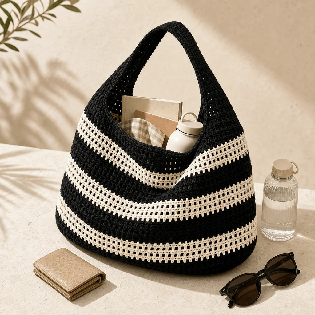 Women'S Crochet Handbag, Retro Vacation Style Handmade Crochet Striped Decorative Shoulder Needlepoint Large Capacity Handbag Qme