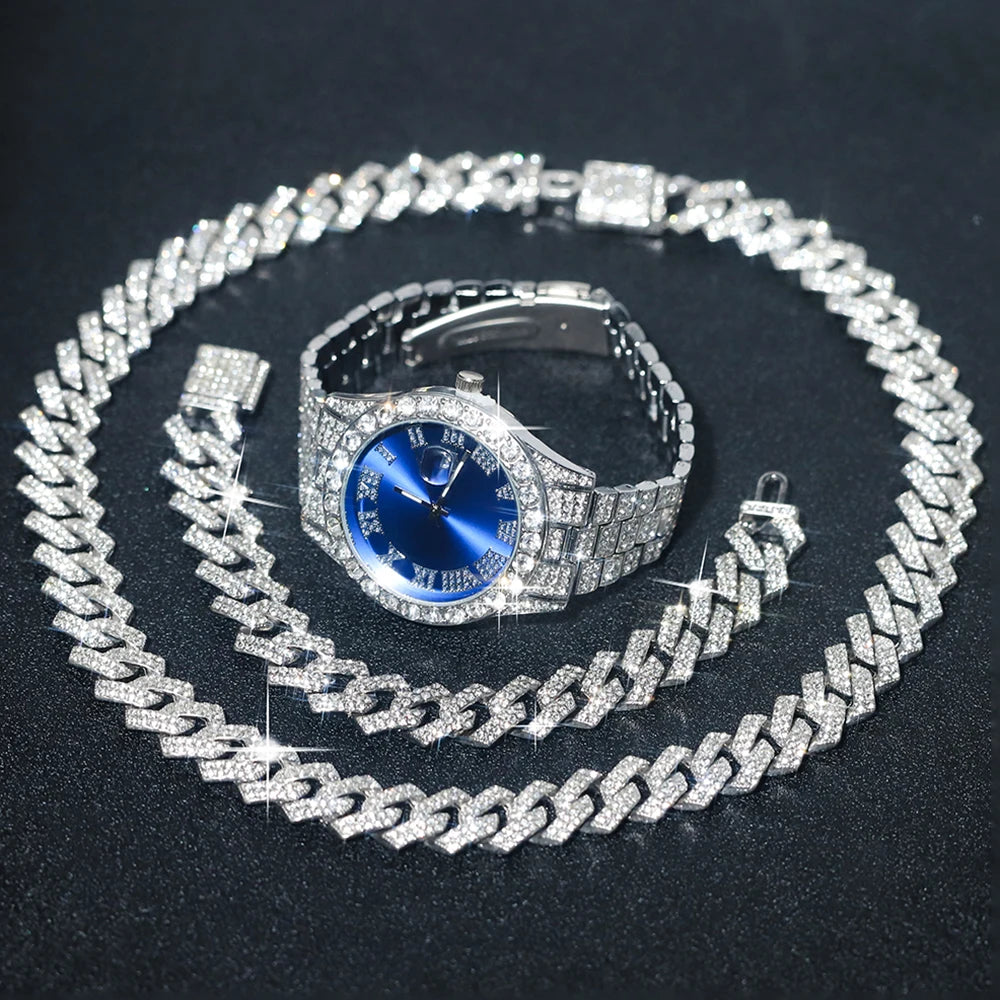 3pcs Men's Silver Watch Set Hip-hop Punk Inlay Diamond Watch+Cuban Chain+Bracelet Comes With Strap Adjuster Stylish Jewelry Gift Qme Blue