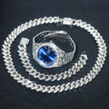 3pcs Men's Silver Watch Set Hip-hop Punk Inlay Diamond Watch+Cuban Chain+Bracelet Comes With Strap Adjuster Stylish Jewelry Gift Qme Blue