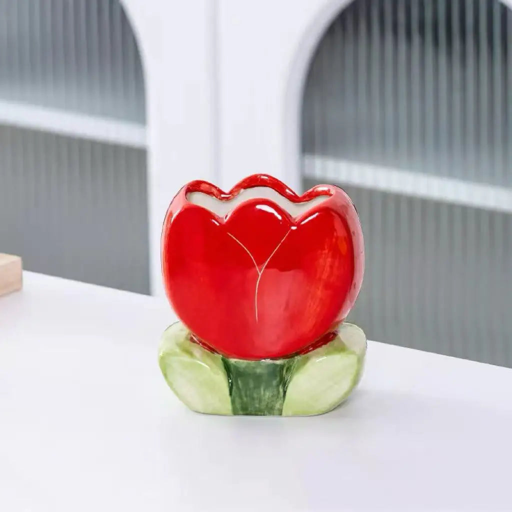 Artistic Tulip Ceramic Flower Pot Contemporary Simple Floral Vase Qme red M