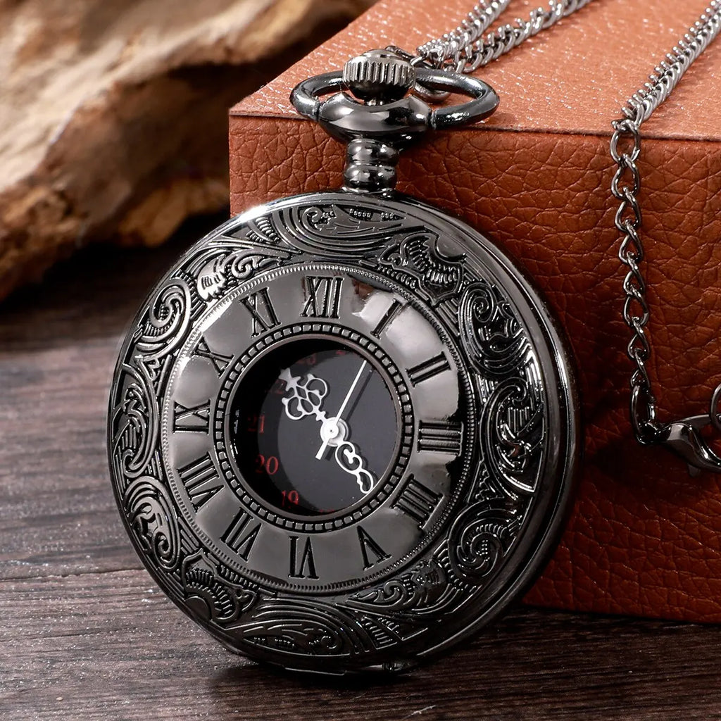 1 pcs Steampunk pocket watch, men's chain, necklace, antique charm, black, Roman numerals, quartz, unified fashion Qme