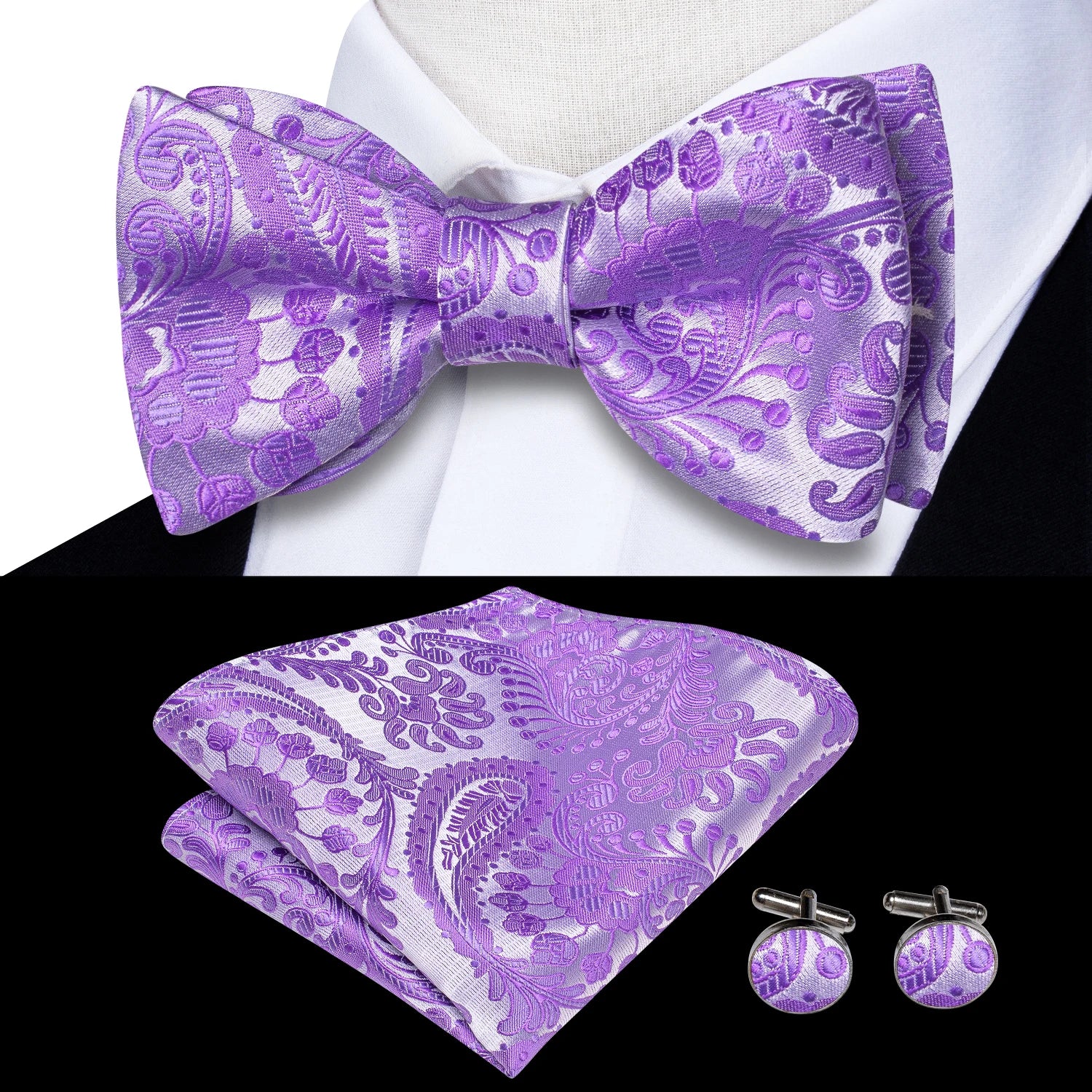 Hi-tie Silk Mens Self Bow Tie Hanky Cufflinks Blue Red Gold Black Qme LH-2112