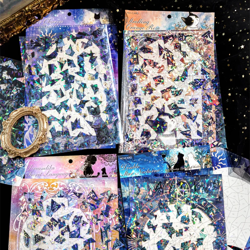 Gothic Dark Cat Theme Crystal PET Puzzle Stickers for DIY Crafts Scrapbooking Journal Phone Case Notebook Decoration Qme