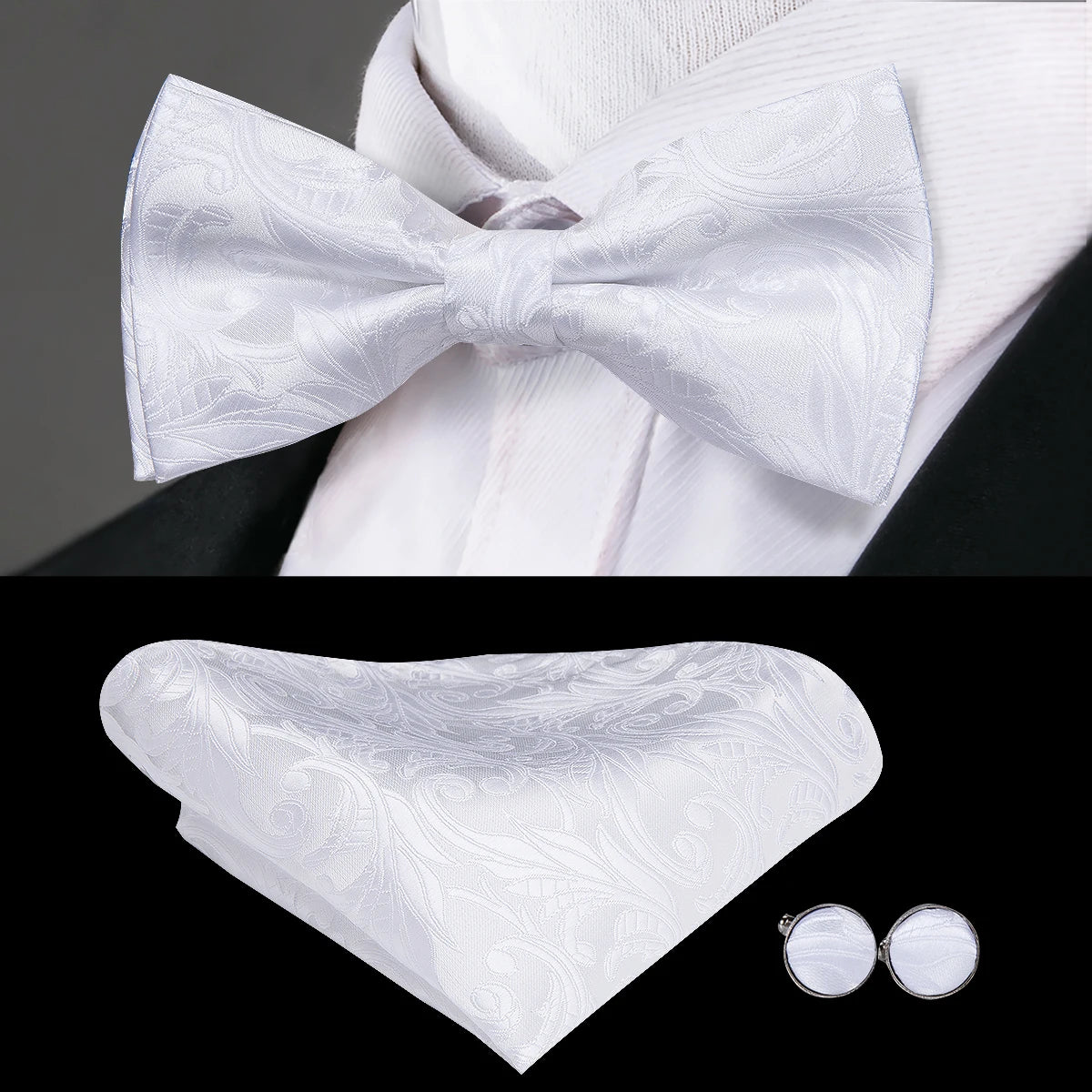 Hi-tie Grey Plaid Jacquard Pre-tied Mens Bow Tie Hanky Cufflinks Qme LH-0790