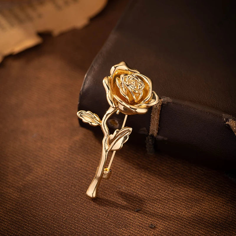 Luxury High-End Gold-Tone Rose Flower Brooch Pin For Women & Men - Elegant Suit Coat Badge Fashion Jewelry Lapel Accessory Qme