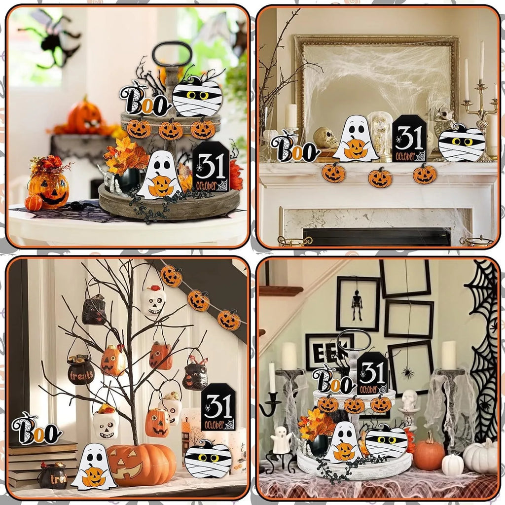 Halloween Wooden Signs Pumpkin Ghost Mummy Boo Ornaments Desktop Qme