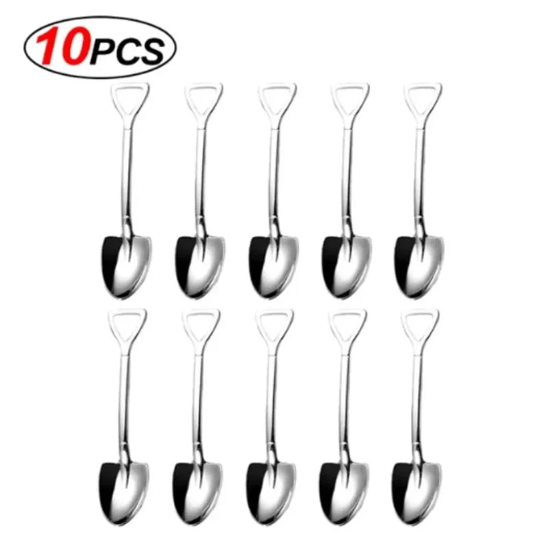 Stainless Steel Shovel Spoon Cutlery Coffee Tea Spoon Ice Cream Dessert Fruit Party Scoop Teaspoon Kitchen Tableware Cutlery Set Qme A-10PCS