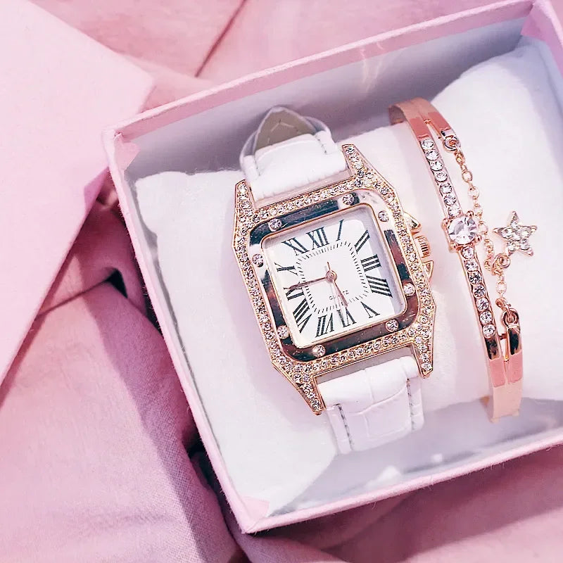 Women Diamond Watch Starry Square Dial Bracelet Watches Set Ladies Leather Band Quartz Wristwatch Female Clock Zegarek Damski Qme