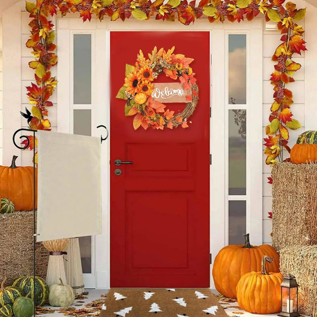 Fall Wreath Outdoor Realistic Sunflower Pumpkin Maple Ornament Qme