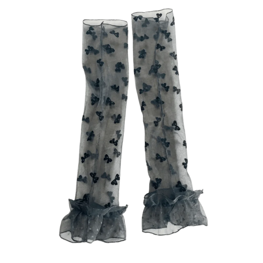 Breathable Lolita Arm Sleeves Polka Dot Pattern Transparent Mesh Sunscreen Sleeves Cloth Bow Bridal Gloves Sun Blocking Qme Black Bows