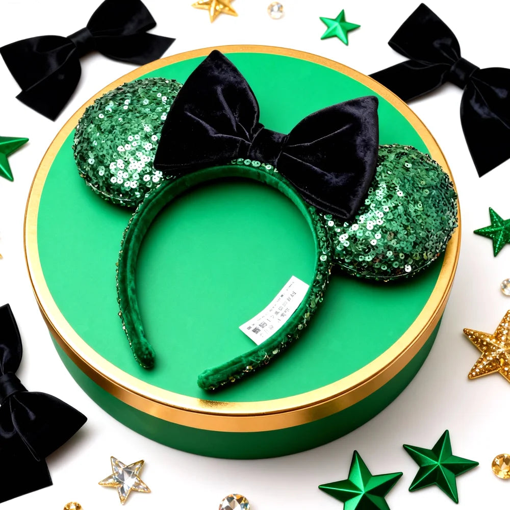 Luxury Green Mickey Mouse Ear Headbands Glitter Princess Party Decoration Cosplay Hair Accessories Hairband for girl Women Adult Qme