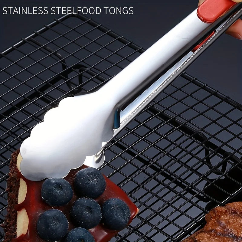 3pcs, Stainless Steel Kitchen Cooking Tongs, Sturdy Grilling Barbeque Brushed Locking Food Tongs With Ergonomic Grip, Qme