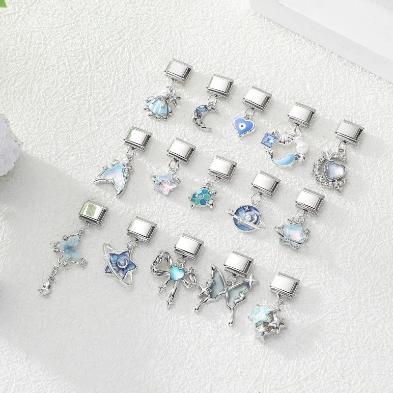 2026 3PCS Beautiful Blue Moon Heart Starfish Italian Charms Link 9mm Modular Bracelet Stainless Steel DIY Gift Jewelry Wholesale Qme