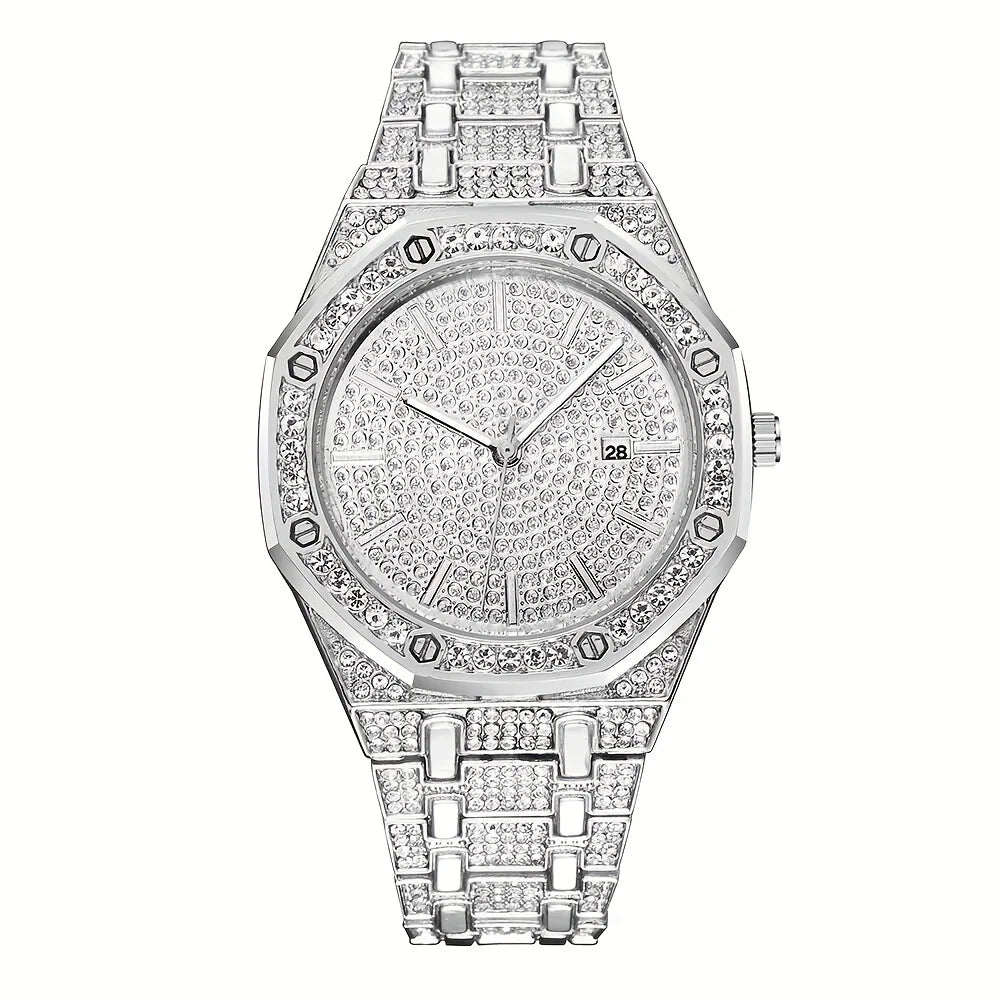 Fashion Luxury Hip Hop Diamond Style Square Men's Watch Shiny Crystal Stainless Steel Quartz Sports Men's Watch Qme 3