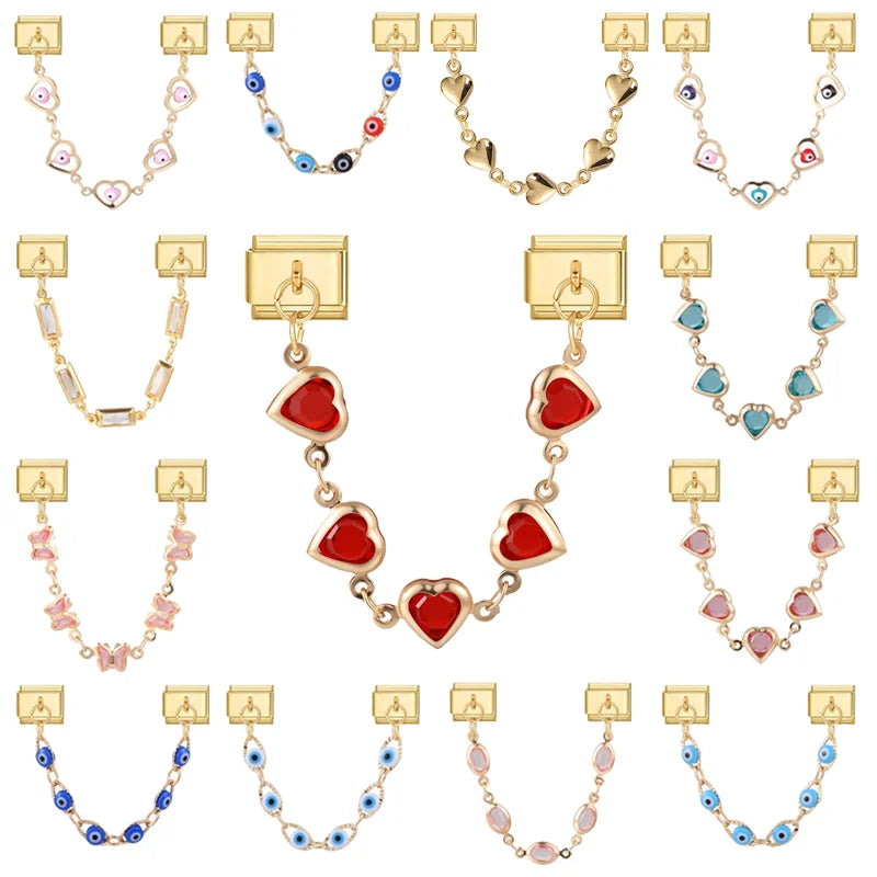 2026 Vintage Golden Charm Red Heart Zircon Tassel Chain Italian Charm Links Fit 9MM Stainless Steel Bracelet DIY Making Jewelry Qme