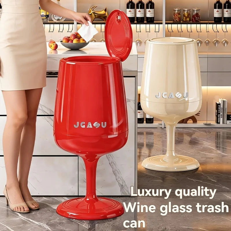 Wine Glass Shaped Trash Can with Lid Waste Basket Trash Bin Round Tall Garbage with High Leg for Home Office Bedroom Kitchen Qme