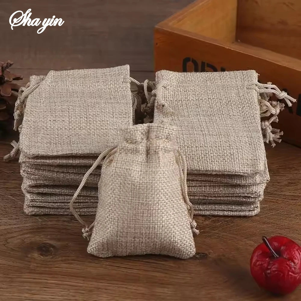 50PCS 13X18/10X15/9X12/7X9CM Drawstring Burlap Bag Jute Gift DIY Wedding Favor Gift Bag For Packaging Candy Chocolate Jewery Qme